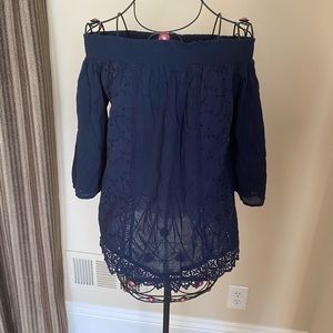 Navy Blue Off the Shoulders Sheer Tunic